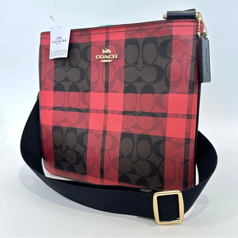 COACH Zip File Crossbody Bag in Signature Plaid Print Red